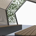 Modern Hexagonal Shade Canopy With Wooden Slatted Panels Green Vines And Bench Seats