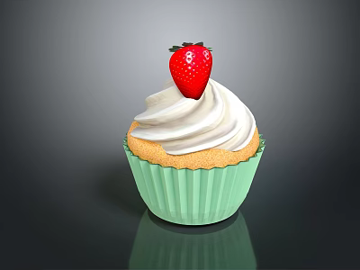 Delicious Cupcake With Green Paper Liner White Whipped Cream And Fresh Strawberry On Top 3d model