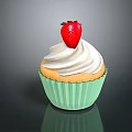 Delicious Cupcake With Green Paper Liner White Whipped Cream And Fresh Strawberry On Top