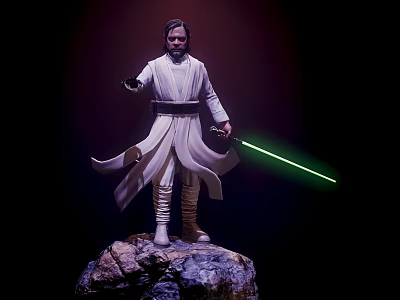 Iconic Star Wars Film Character Luke Skywalker In White Robe Holding Green Lightsaber On Rock 3d model