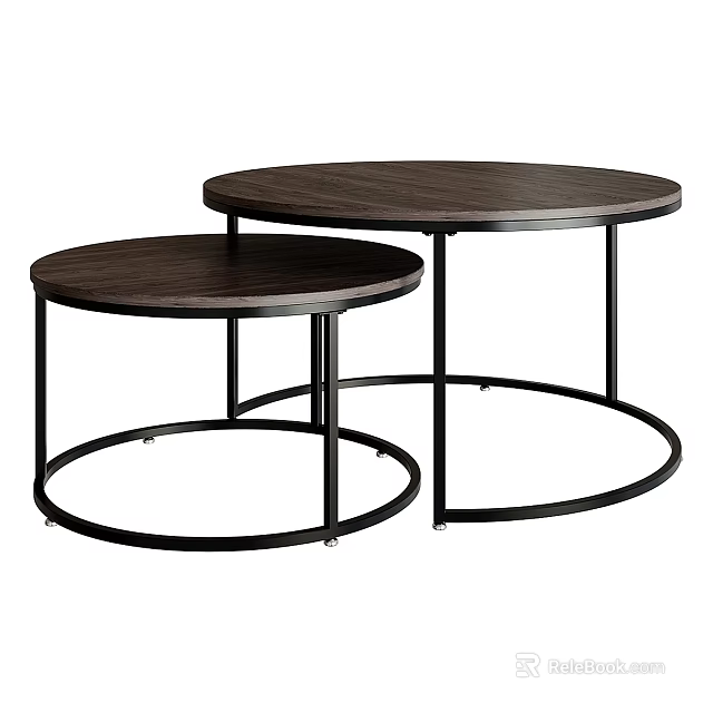 Functional Nesting Round Tables With Dark Wood Tabletop And Black Metal Frame 3d model