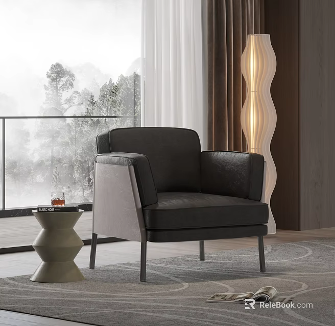 Modern Black Leather Leisure Chair With Side Table Floor Lamp And Window Mountain View 3d model 