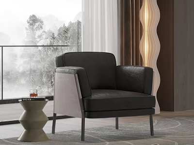 Modern Black Leather Leisure Chair With Side Table Floor Lamp And Window Mountain View 3d model