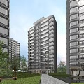Modern High Rise Residential Building With Glass Curtain Walls Balconies And Greenery