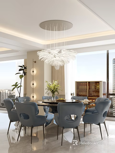 Elegant Modern Dining Table Set With Blue Upholstered Chairs For Bright Luxury Home Dining Space 3d model 