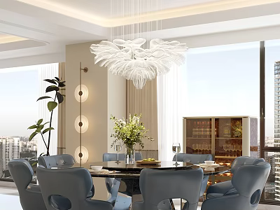 Elegant Modern Dining Table Set With Blue Upholstered Chairs For Bright Luxury Home Dining Space 3d model