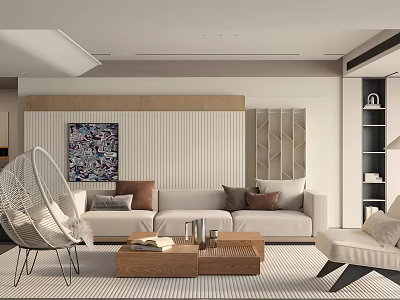Modern Living Room Interior With Beige Sofa Rattan Chair Coffee Table And Decorative Artwork 3d model