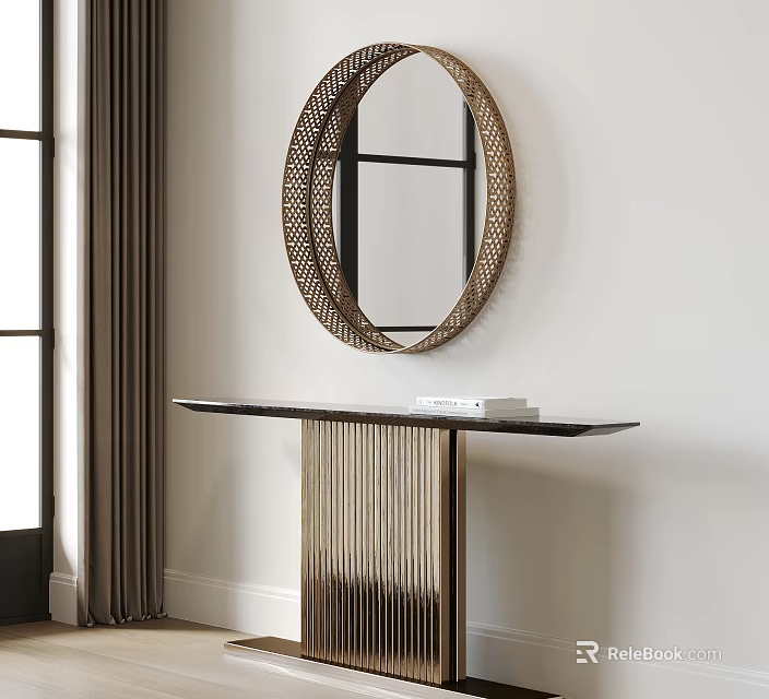 Modern Console Table With Black Top And Round Woven Frame Mirror In Interior 3d model
