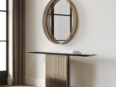 Modern Console Table With Black Top And Round Woven Frame Mirror In Interior 3d model