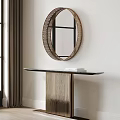 Modern Console Table With Black Top And Round Woven Frame Mirror In Interior 3d model