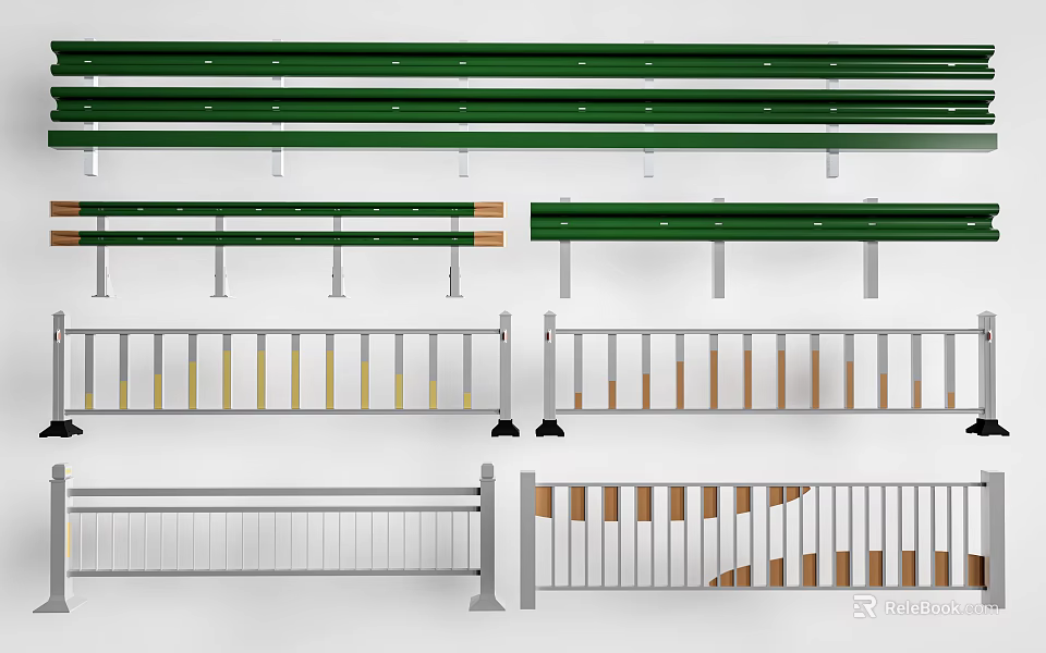 Green And Gray Railings With Yellow Stripes For Road And Staircase 3d model 