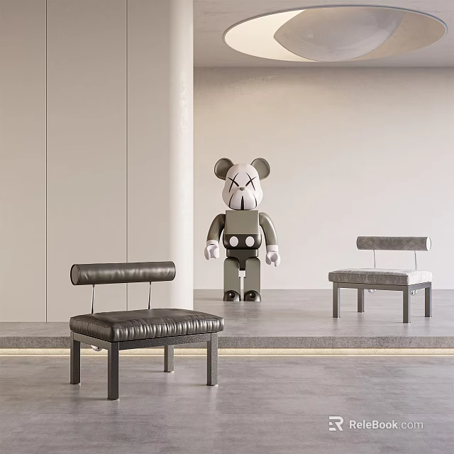 Modern Minimalist Leisure Chair With Leather Seat In Spacious Indoor Space With Art Sculpture 3d model 