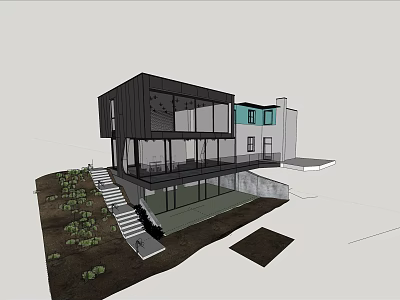 Modern Detached House Featuring Black Exterior Large Glass Windows And Greenery 3d model