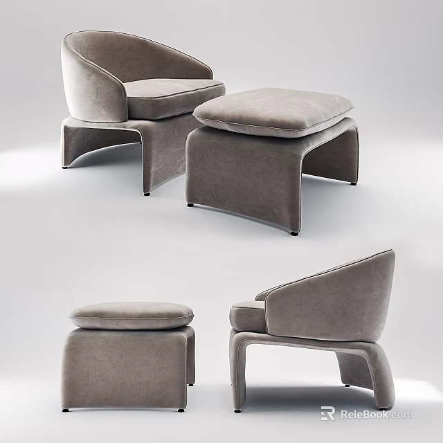 Modern Gray Velvet Armchair With Curved Armrest And Ottoman For Living Room 3d model 