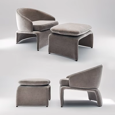 Modern Gray Velvet Armchair With Curved Armrest And Ottoman For Living Room 3d model