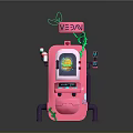 Pink Vegan Vending Machine With Screen Displaying Burger And Vine Decorations