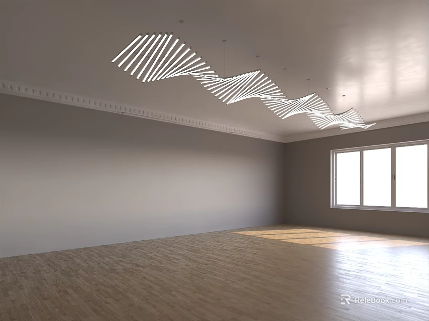 Modern Wave Shaped Striped Chandelier in Empty Room With Wooden Floor Gray Walls and Windows 3d model 