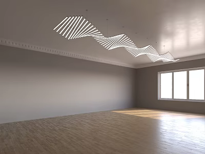 Modern Wave Shaped Striped Chandelier in Empty Room With Wooden Floor Gray Walls and Windows 3d model