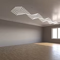 Modern Wave Shaped Striped Chandelier in Empty Room With Wooden Floor Gray Walls and Windows