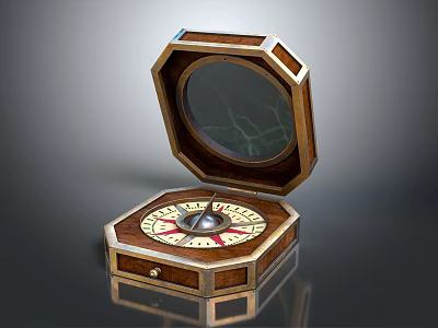 Decorative Ornament Set With Octagonal Wooden Case Open Lid Compass Inside Small Drawer Vintage Style 3d model