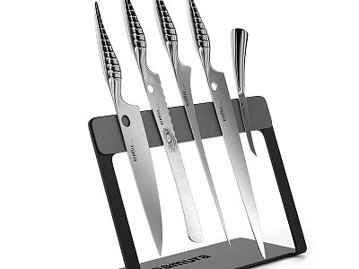 Stainless Steel Kitchen Knife Set with Black Holder and Sharp Blades 3d model