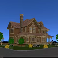 Traditional Wooden Detached Villa Exterior With Gabled Roof Porch Lawn Trees And Driveway