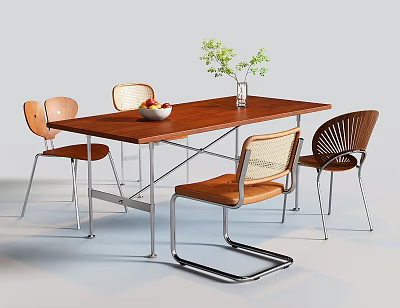 Rectangular Wooden Dining Table With Various Style Chairs And Fruit Bowl Plant Vase 3d model