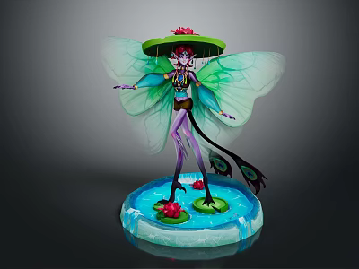 Fairy Character With Green Wings Red Flower Hat And Purple Body On Lotus Water Base 3d model