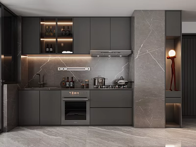 Modern Kitchen Interior Design with Dark Cabinets Marble Wall and Appliances Stove Oven 3d model