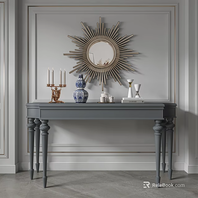 Elegant Console Table With Sunburst Mirror And Decorative Items On Gray Paneled Walls 3d model
