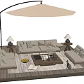 Outdoor Sofa on Wooden Deck with Sunshade Umbrella Coffee Table and Table Lamps