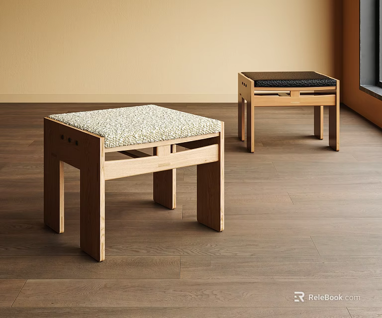 Modern Wooden Benches With Light And Dark Upholstered Seats In Wooden Floor Room 3d model 