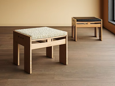 Modern Wooden Benches With Light And Dark Upholstered Seats In Wooden Floor Room 3d model