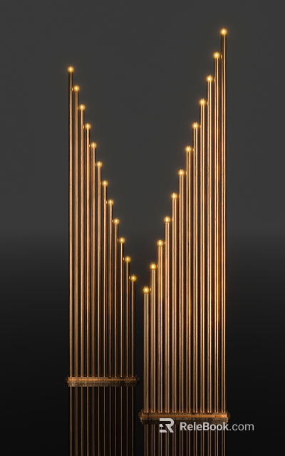 Golden Curved Floor Lamp With Slender Illuminated Tubes In Dark Background 3d model 