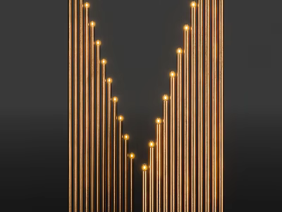 Golden Curved Floor Lamp With Slender Illuminated Tubes In Dark Background 3d model