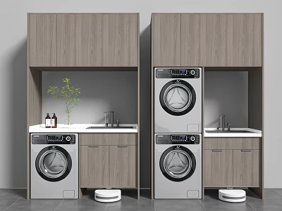 Modern Laundry Area With Two Washing Machines Wooden Cabinetry And Sink 3d model