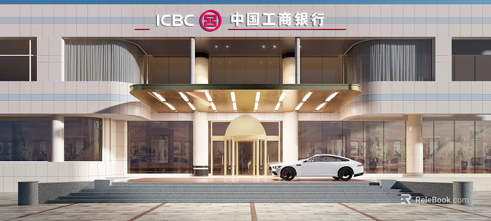 ICBC Bank Storefront with Modern Glass Curtain Walls Entrance Awning and White Car in Front 3d model 