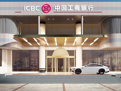 ICBC Bank Storefront with Modern Glass Curtain Walls Entrance Awning and White Car in Front 3d model