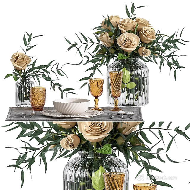 Stylish Storage Cabinet With Rose Flower Arrangements Wine Glasses And Plates 3d model 