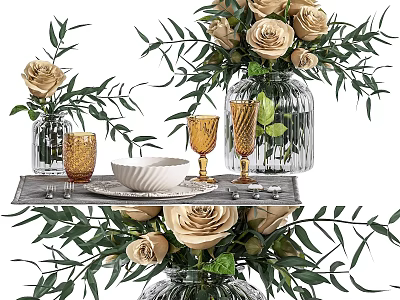 Stylish Storage Cabinet With Rose Flower Arrangements Wine Glasses And Plates 3d model
