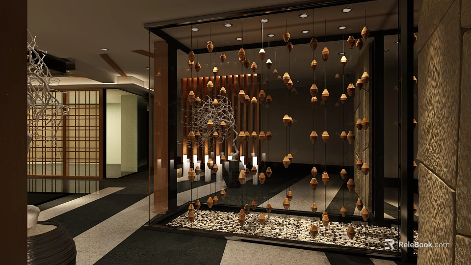 Elegant Clubhouse Interior Design With Modern Hanging Decorative Elements Wooden Accents And Soft Ambient Lighting 3d model 