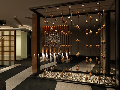 Elegant Clubhouse Interior Design With Modern Hanging Decorative Elements Wooden Accents And Soft Ambient Lighting 3d model