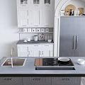 Elegant Minimalist White And Grey Kitchen With Storage Cabinets Central Island And Chic Arched Design