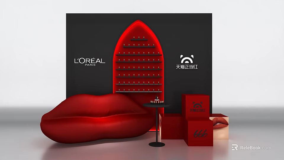 L'Oreal Paris Cosmetic Display With Red Lip Shaped Shelf Sofa And Tmall Promotion Cubes 3d model 