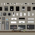 Various Types Of Modern Kitchen Appliances Arranged On Wall And Shelf