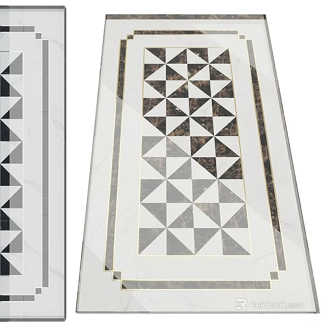 Geometric Marble Floor Design With Black White Triangle Pattern And Gold Trim 3d model