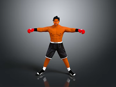 Shirtless Man In Black Shorts With Red Boxing Gloves In Boxing Stance On Gray Background 3d model