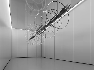 Modern Floating Art Installation With Circular Metal Structures In White Minimalist Room 3d model