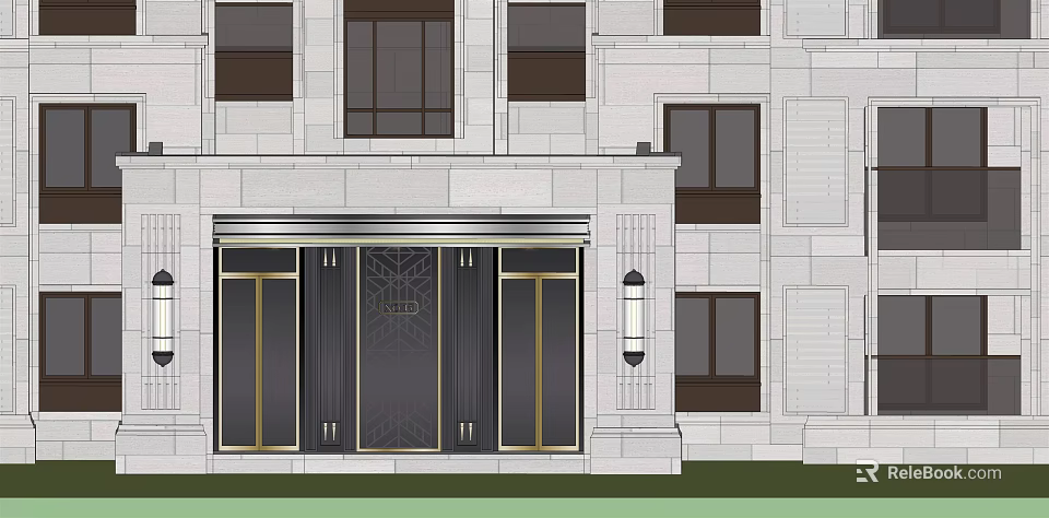 Modern Building Entrance Facade With Stone Wall Glass Doors And Windows 3d model 