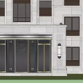 Modern Building Entrance Facade With Stone Wall Glass Doors And Windows